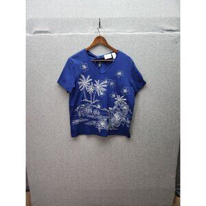 Alfred Dunner Womens Blue Tropical Print Cotton Blend Short Sleeve Top Size M